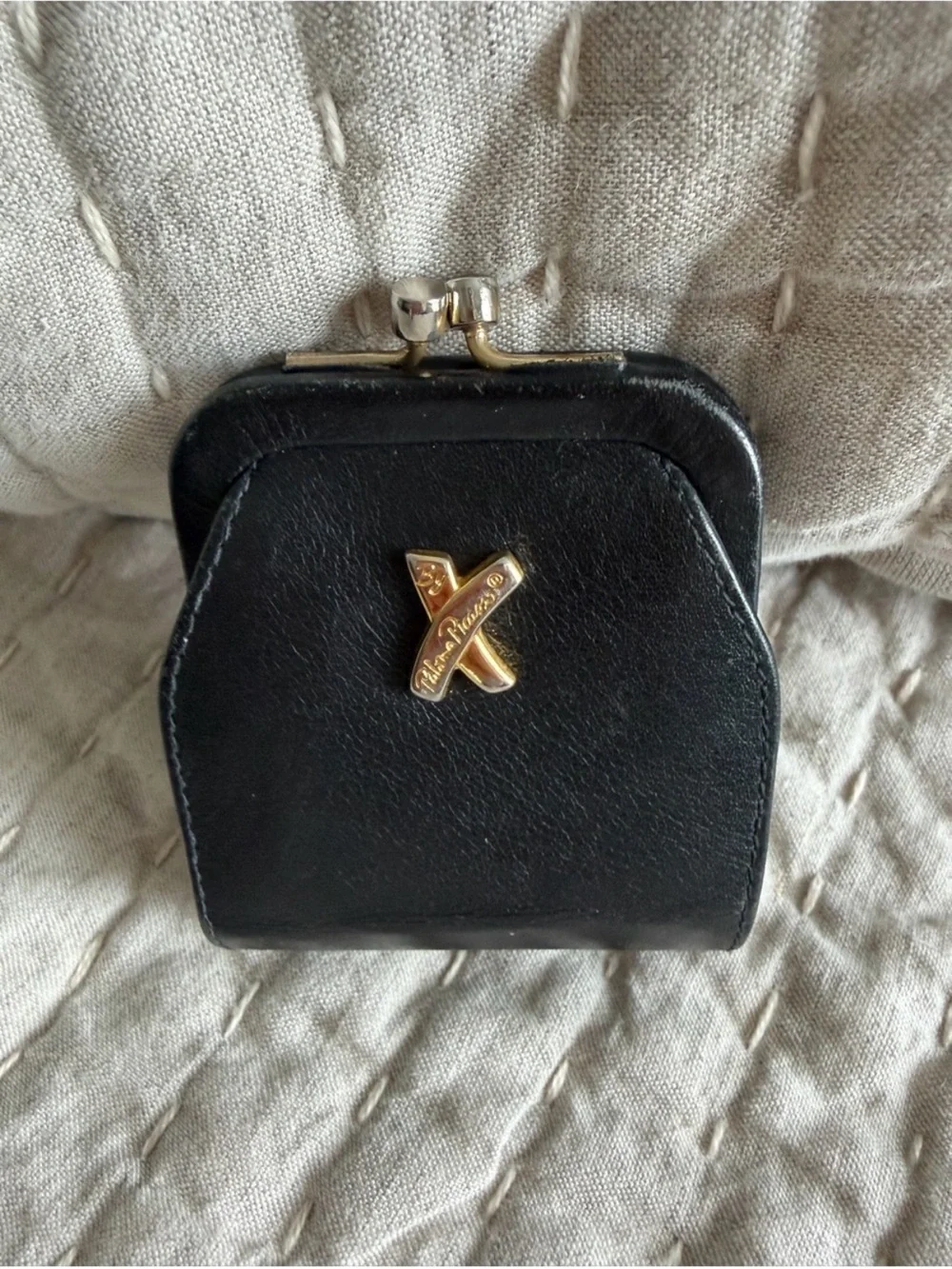 Paloma Picasso Black Leather Shoulder Bag with Kisslock Coin Purse